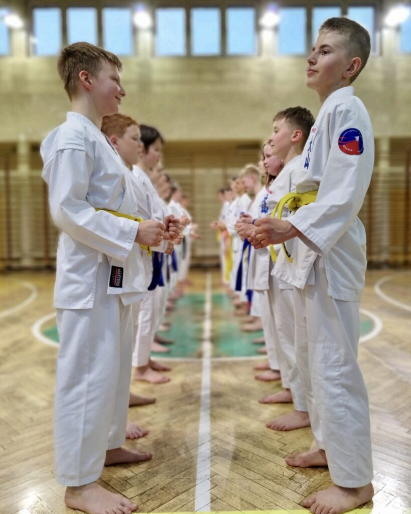 Młodzi adepci karate zdyscyplinowani i gotowi do treningu